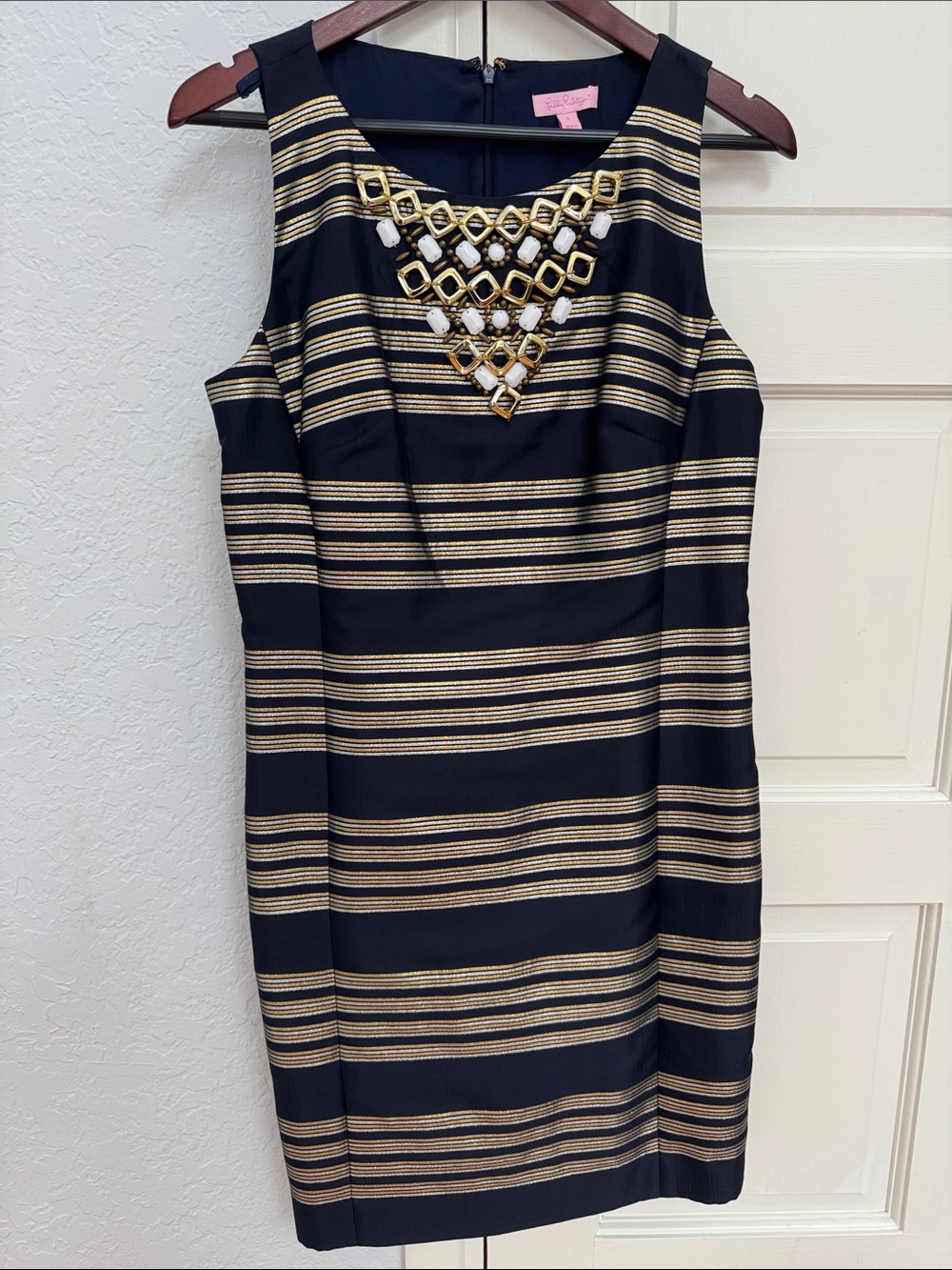 Lilly Pulitzer Navy Midi Dress with Gold Stripes and Jewel Embellishment